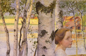  1919 Oil Painting - Swedish 1853to 1919 Lisbeth At The Birch SnD 1910 Carl Larsson